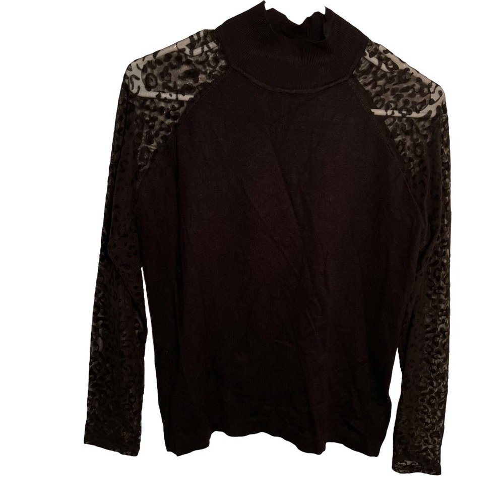 August Silk Womens Size Small Mock Neck Sweater Black Sheer Sleeves Animal Print